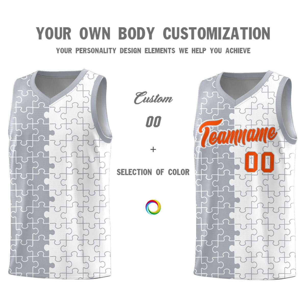 Custom Youth Basketball Jersey Gray White Puzzle Pattern Breathable Team Uniform