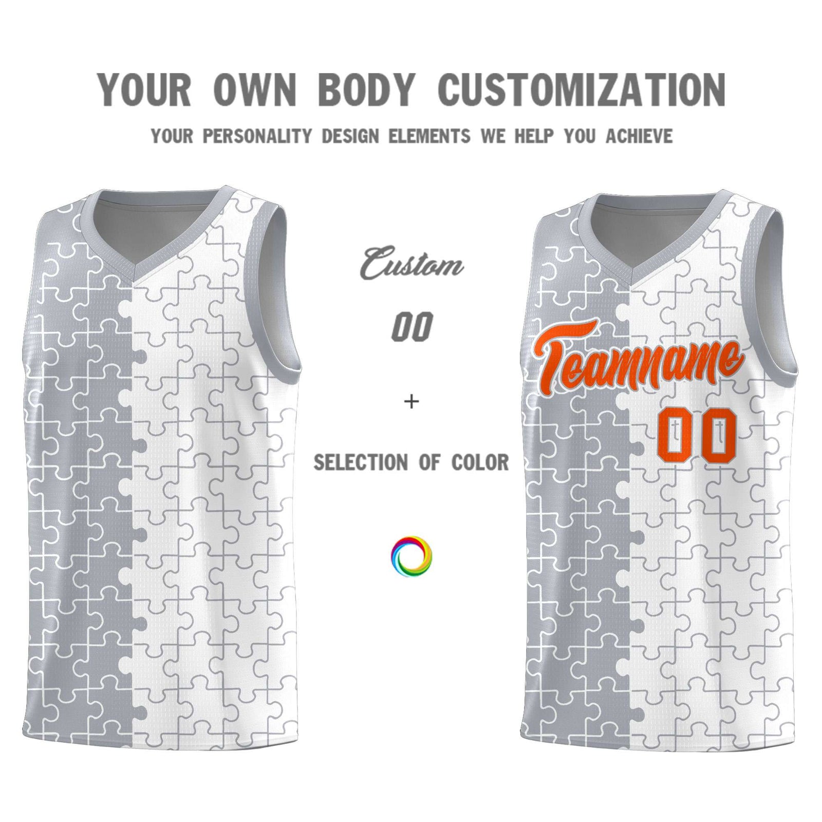 Custom Youth Basketball Jersey Gray White Puzzle Pattern Breathable Team Uniform