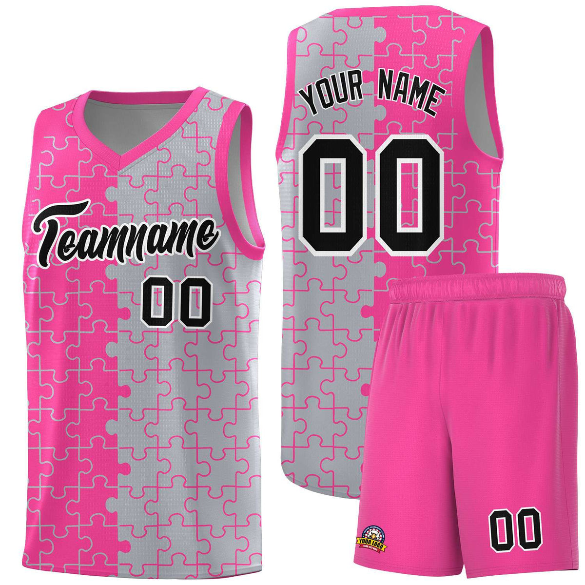 Custom Youth Basketball Jersey Pink Gray Puzzle Pattern Personalized Team Uniform