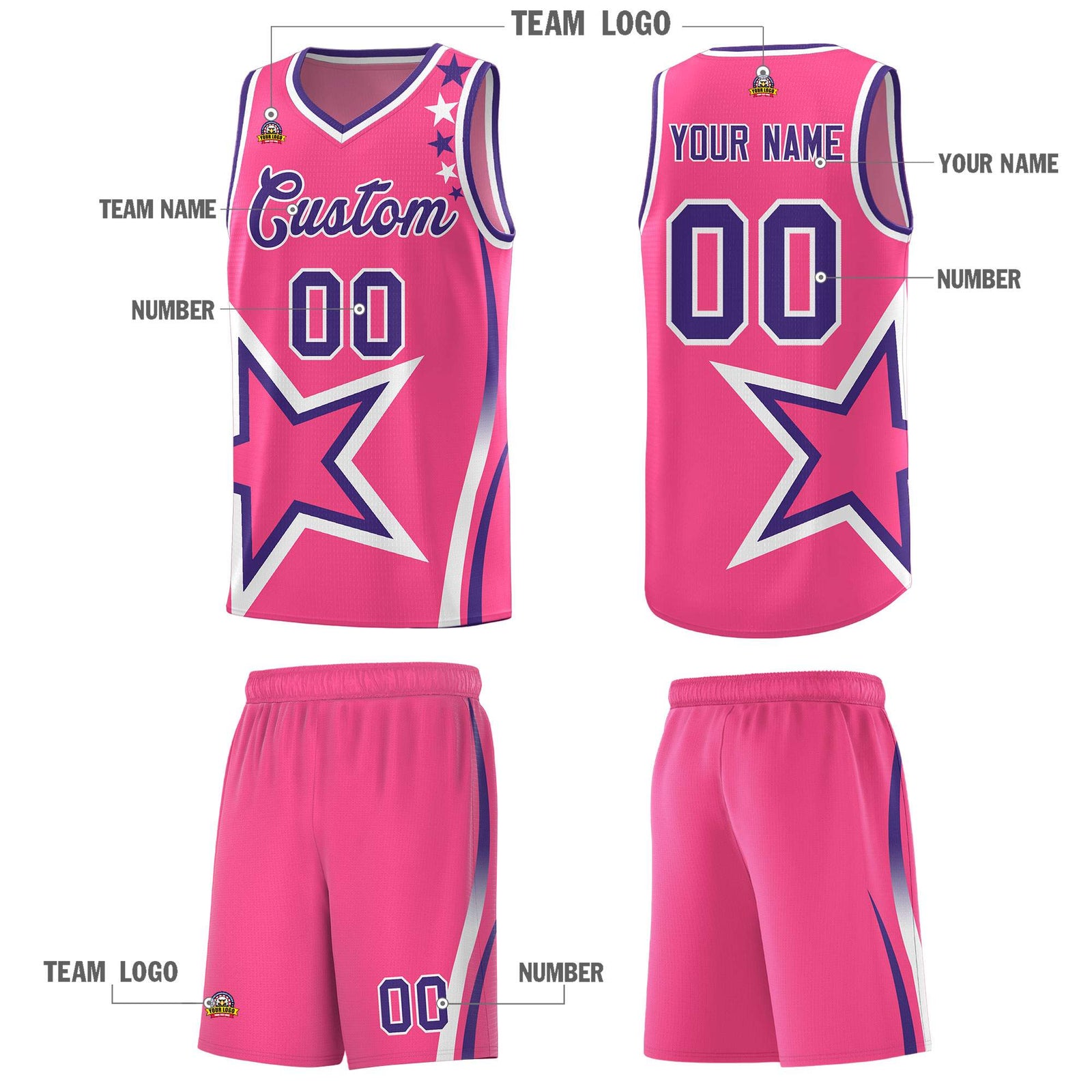 Custom Pink Shoulder Stars Graffiti Pattern Sets Basketball Jersey