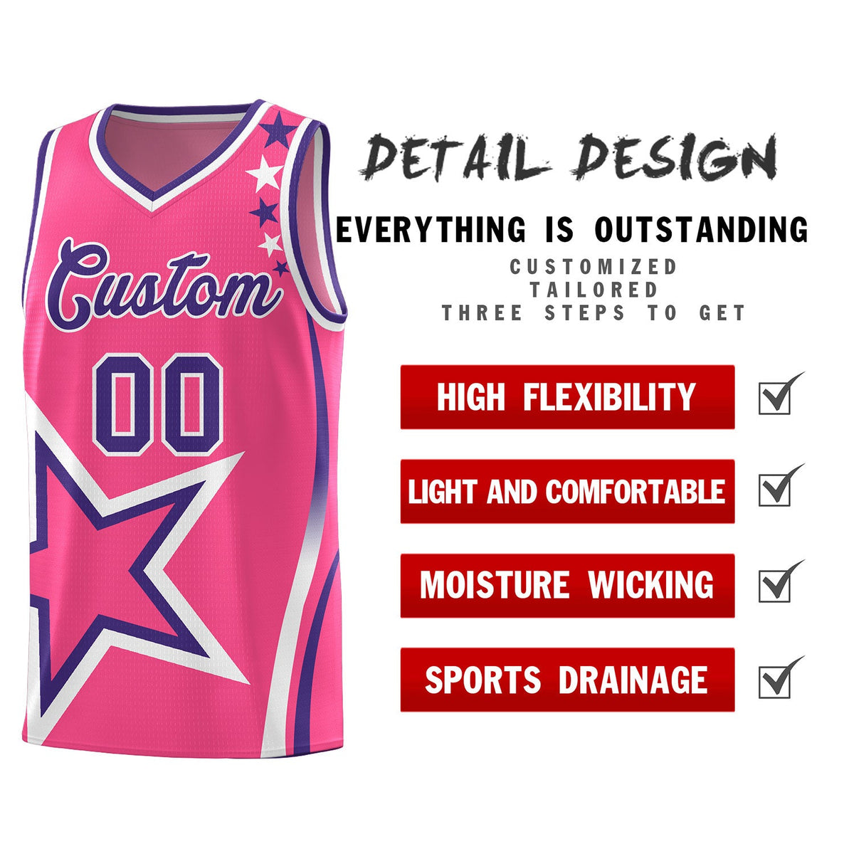Custom Pink Shoulder Stars Graffiti Pattern Sets Basketball Jersey