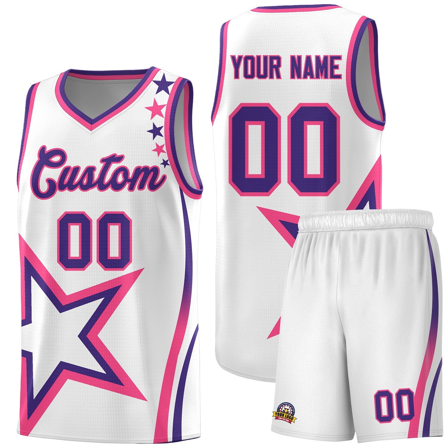 Custom White Shoulder Stars Graffiti Pattern Sets Basketball Jersey