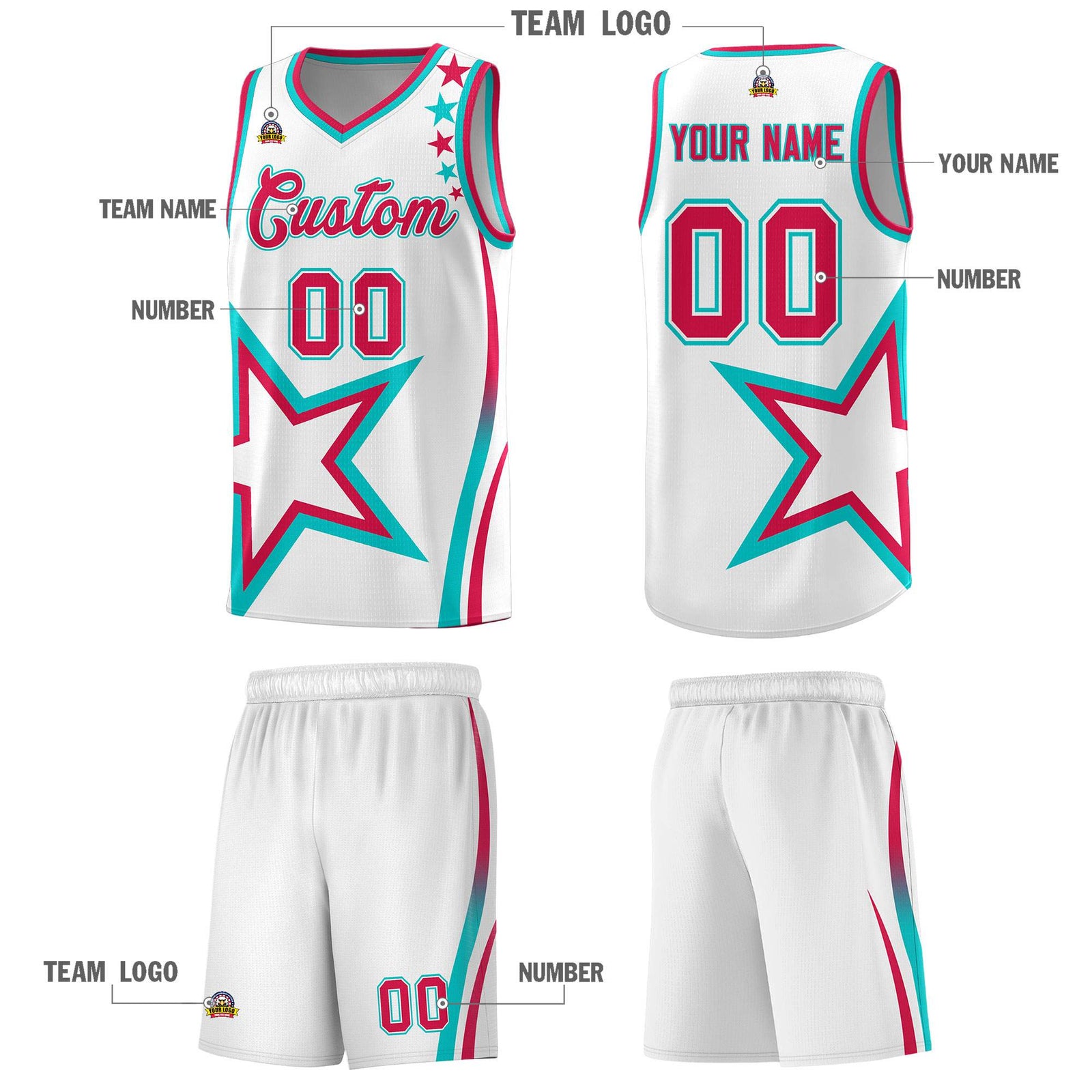 Custom White Shoulder Stars Graffiti Pattern Sets Basketball Jersey
