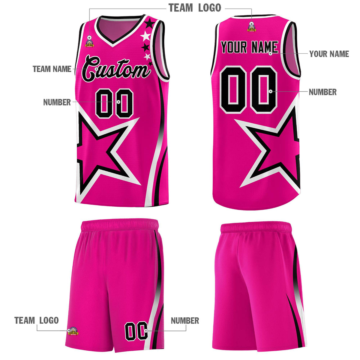 Custom Pink Shoulder Stars Graffiti Pattern Sets Basketball Jersey