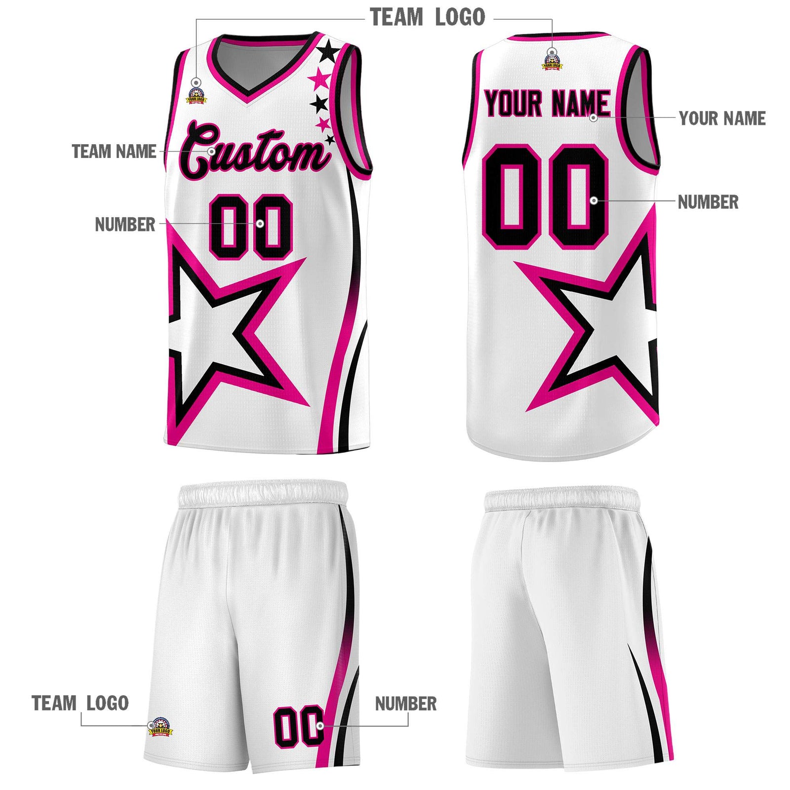 Custom White Shoulder Stars Graffiti Pattern Sets Basketball Jersey