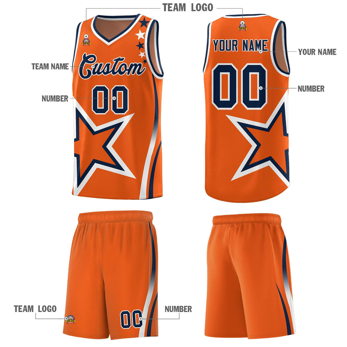 Custom Gold Orange Shoulder Stars Graffiti Pattern Sets Basketball Jersey