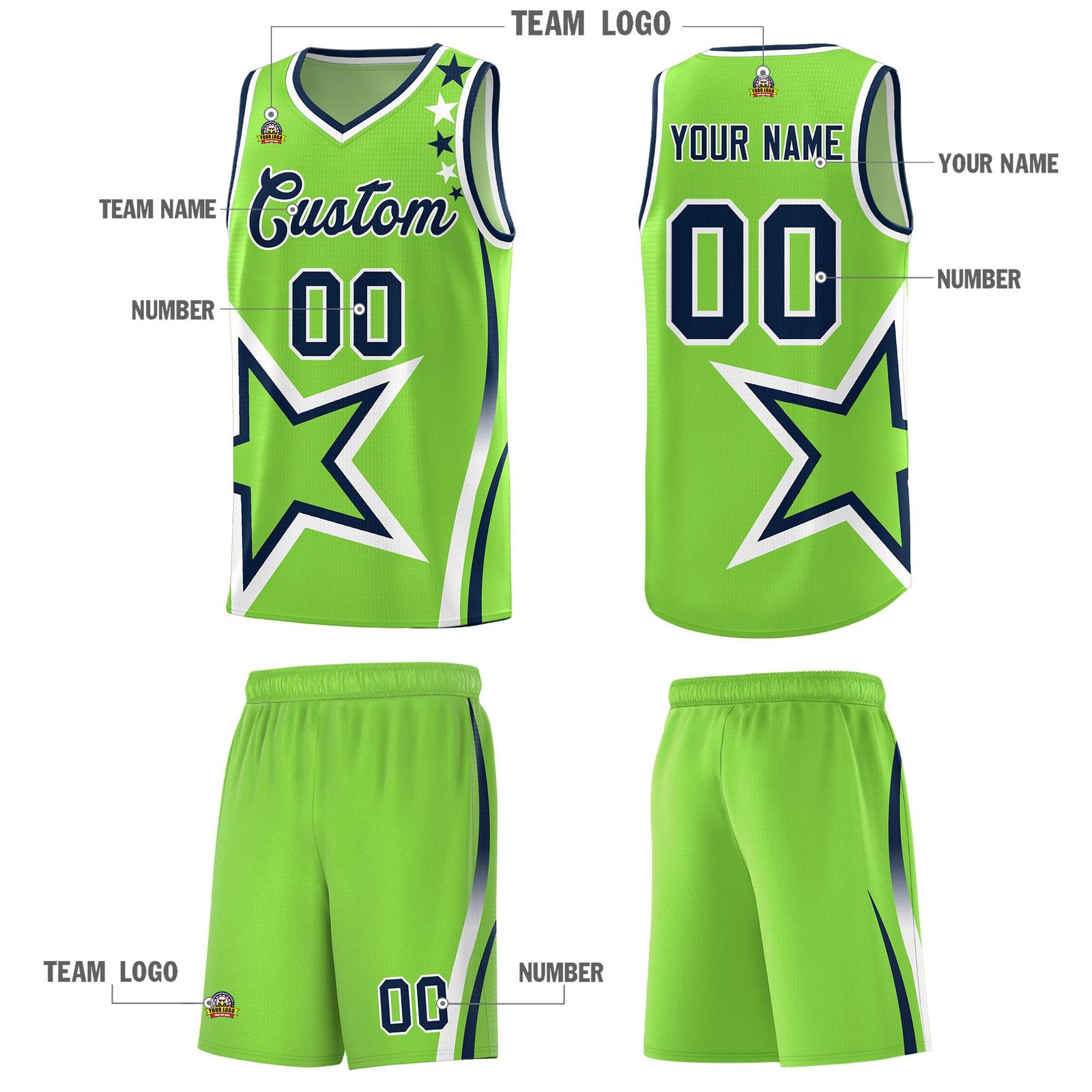 Custom Neon Green Shoulder Stars Graffiti Pattern Sets Basketball Jersey