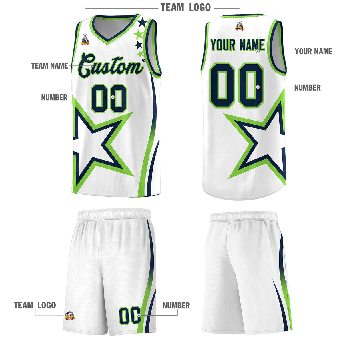 Custom White Shoulder Stars Graffiti Pattern Sets Basketball Jersey