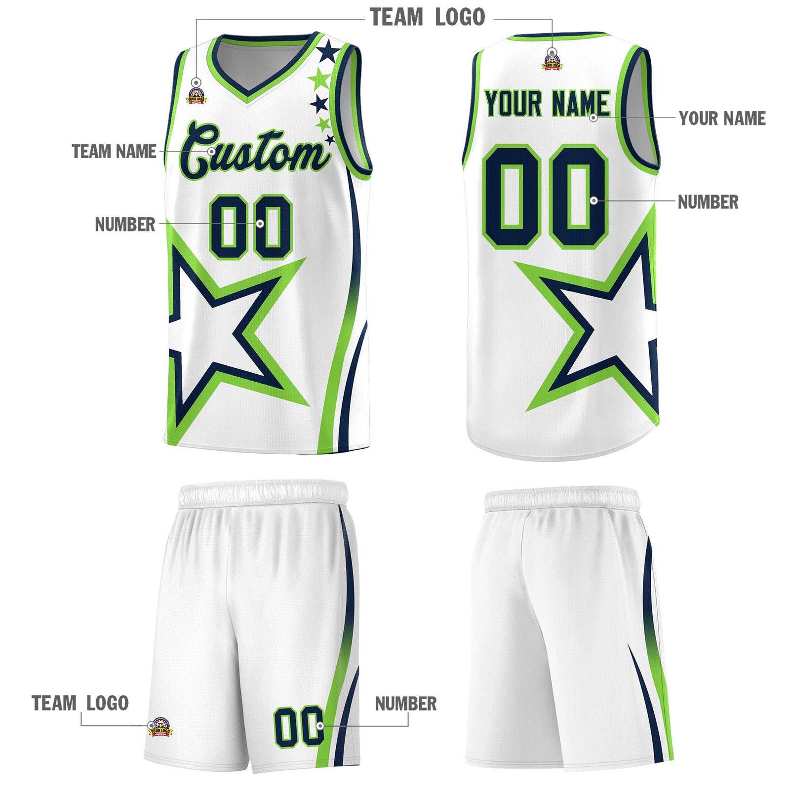 Custom White Shoulder Stars Graffiti Pattern Sets Basketball Jersey