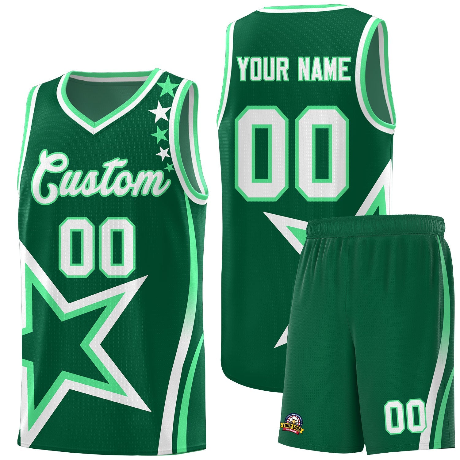 Custom Green Shoulder Stars Graffiti Pattern Sets Basketball Jersey