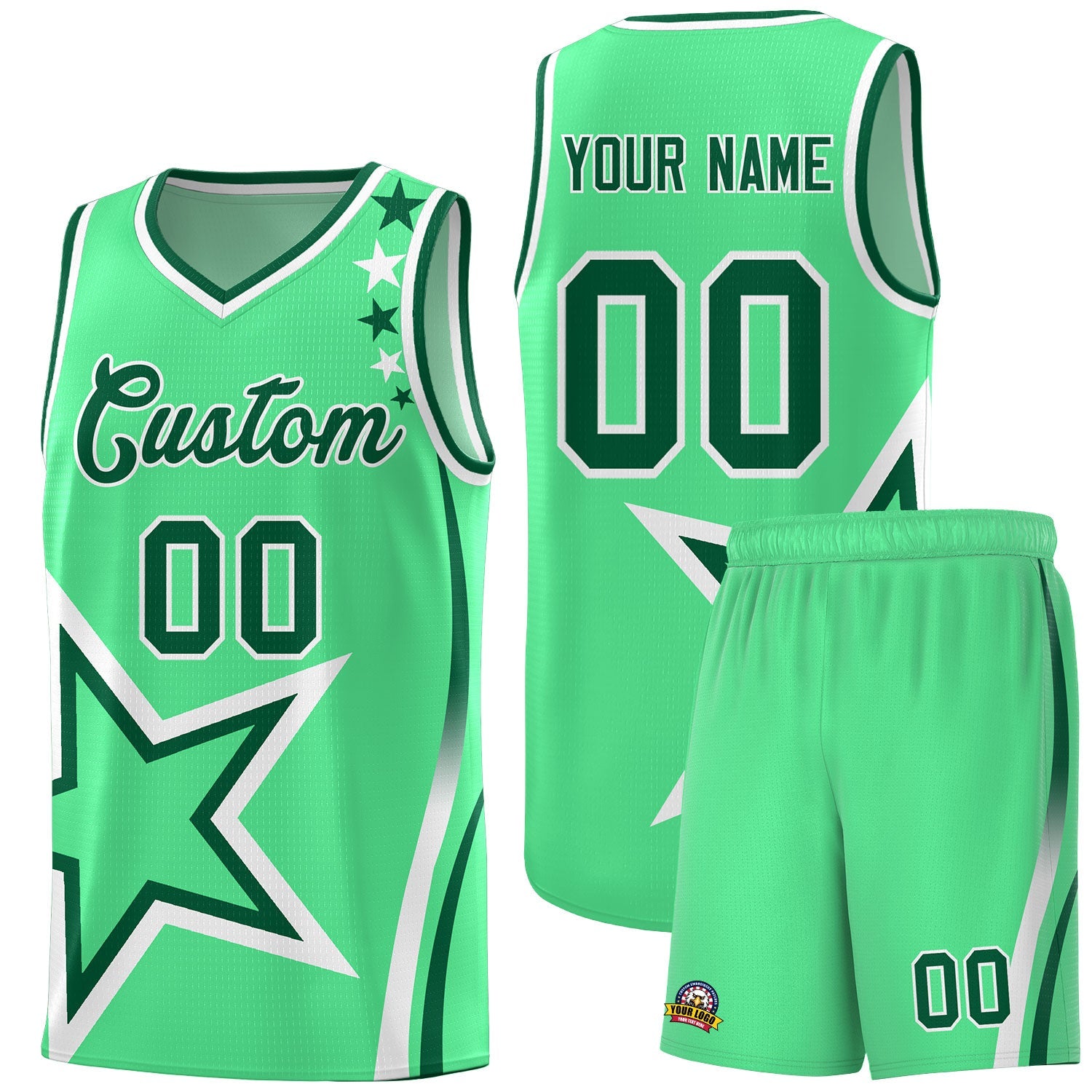 Custom Green Shoulder Stars Graffiti Pattern Sets Basketball Jersey