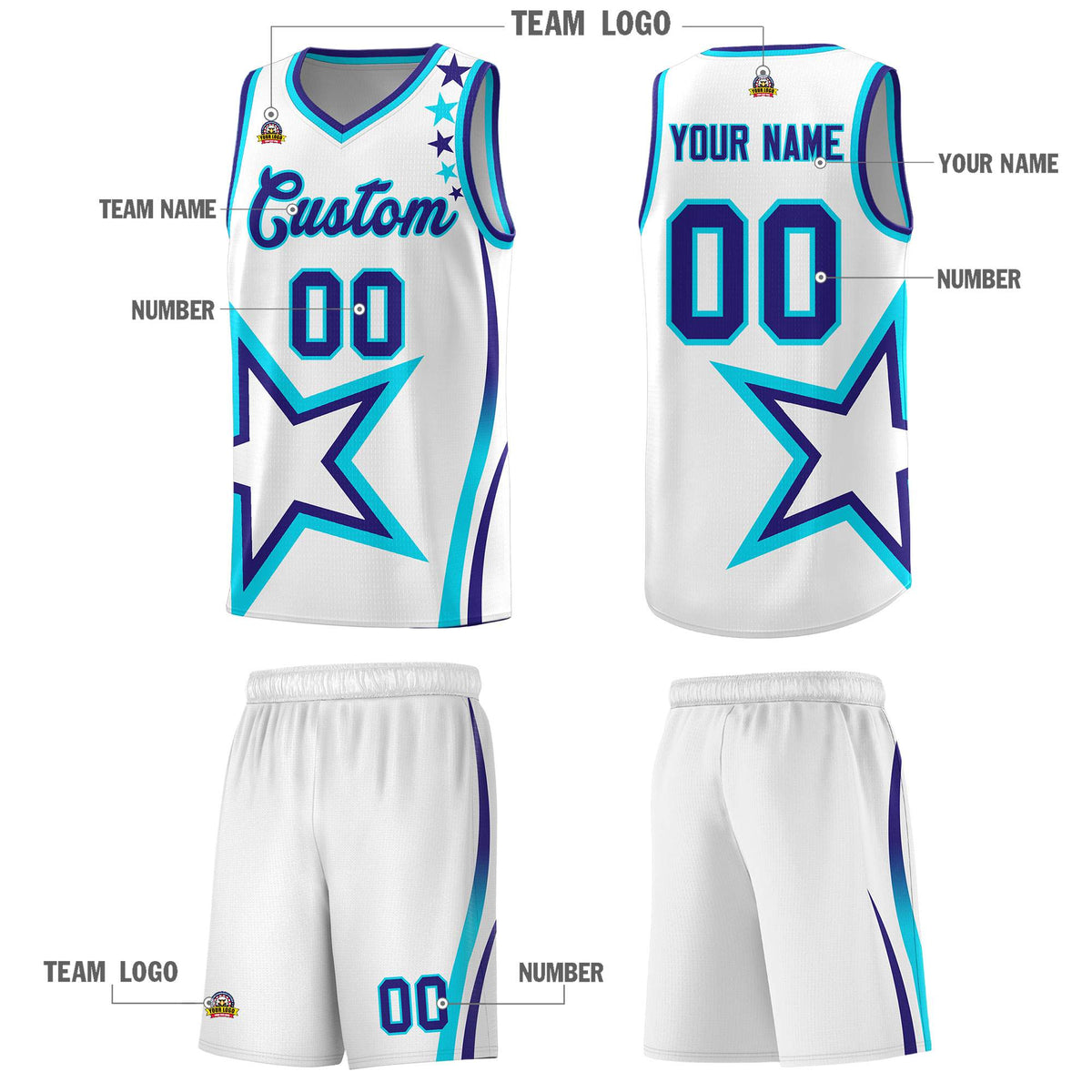 Custom White Shoulder Stars Graffiti Pattern Sets Basketball Jersey
