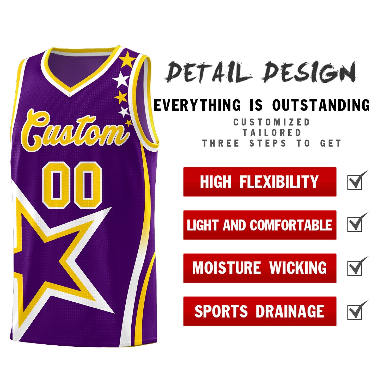 Custom Purple Shoulder Stars Graffiti Pattern Sets Basketball Jersey