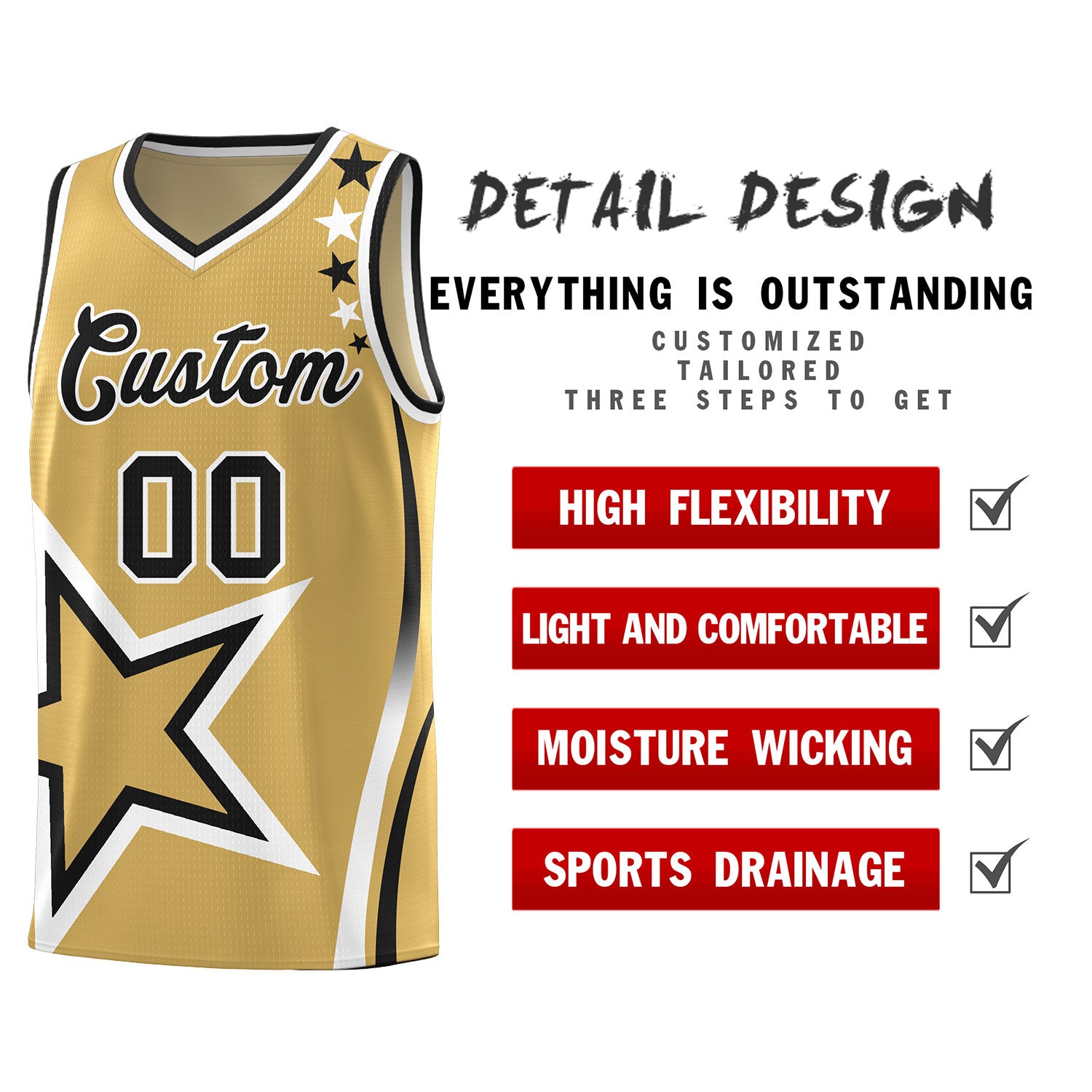Custom Old Gold Shoulder Stars Graffiti Pattern Sets Basketball Jersey