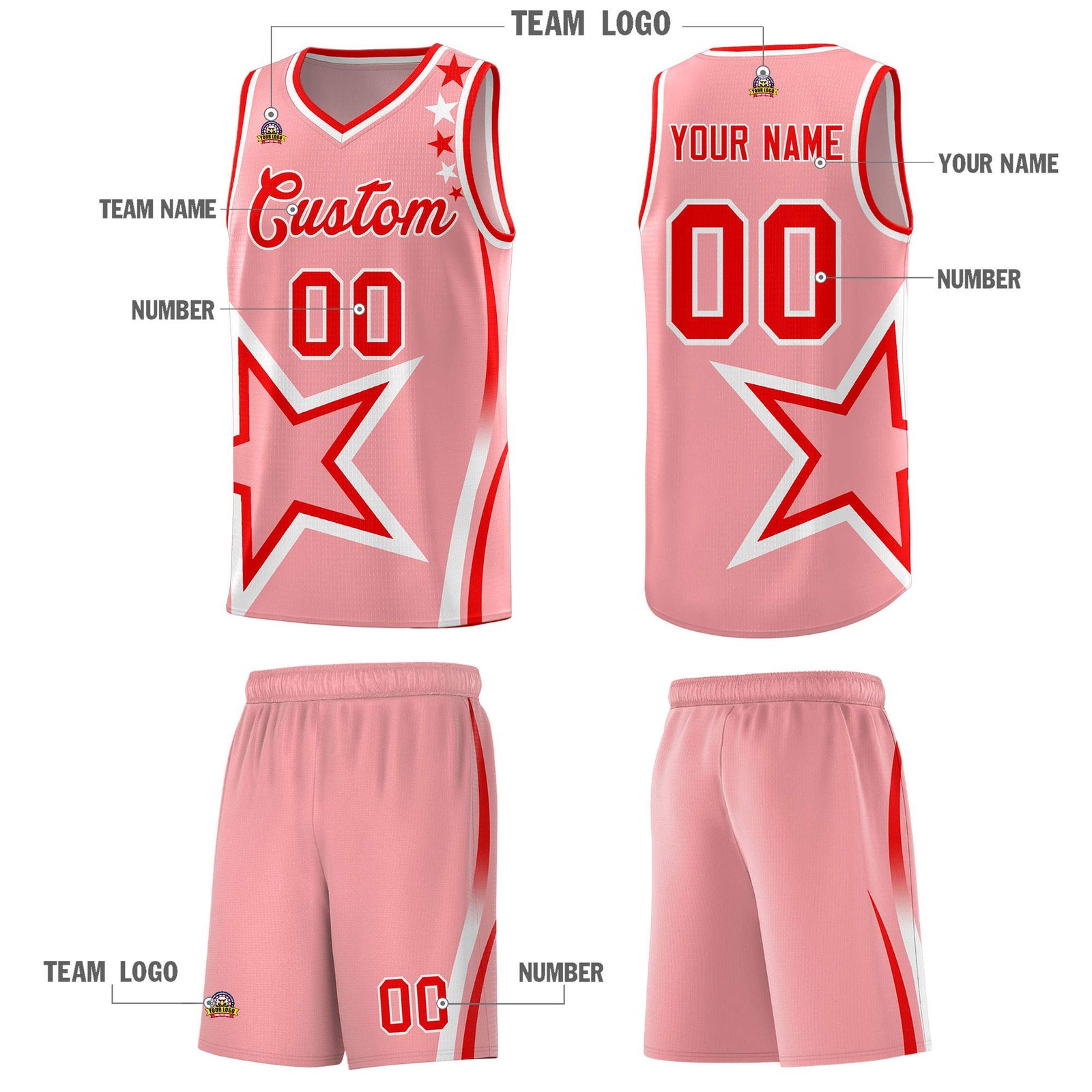 Custom Light Pink Shoulder Stars Graffiti Pattern Sets Basketball Jersey