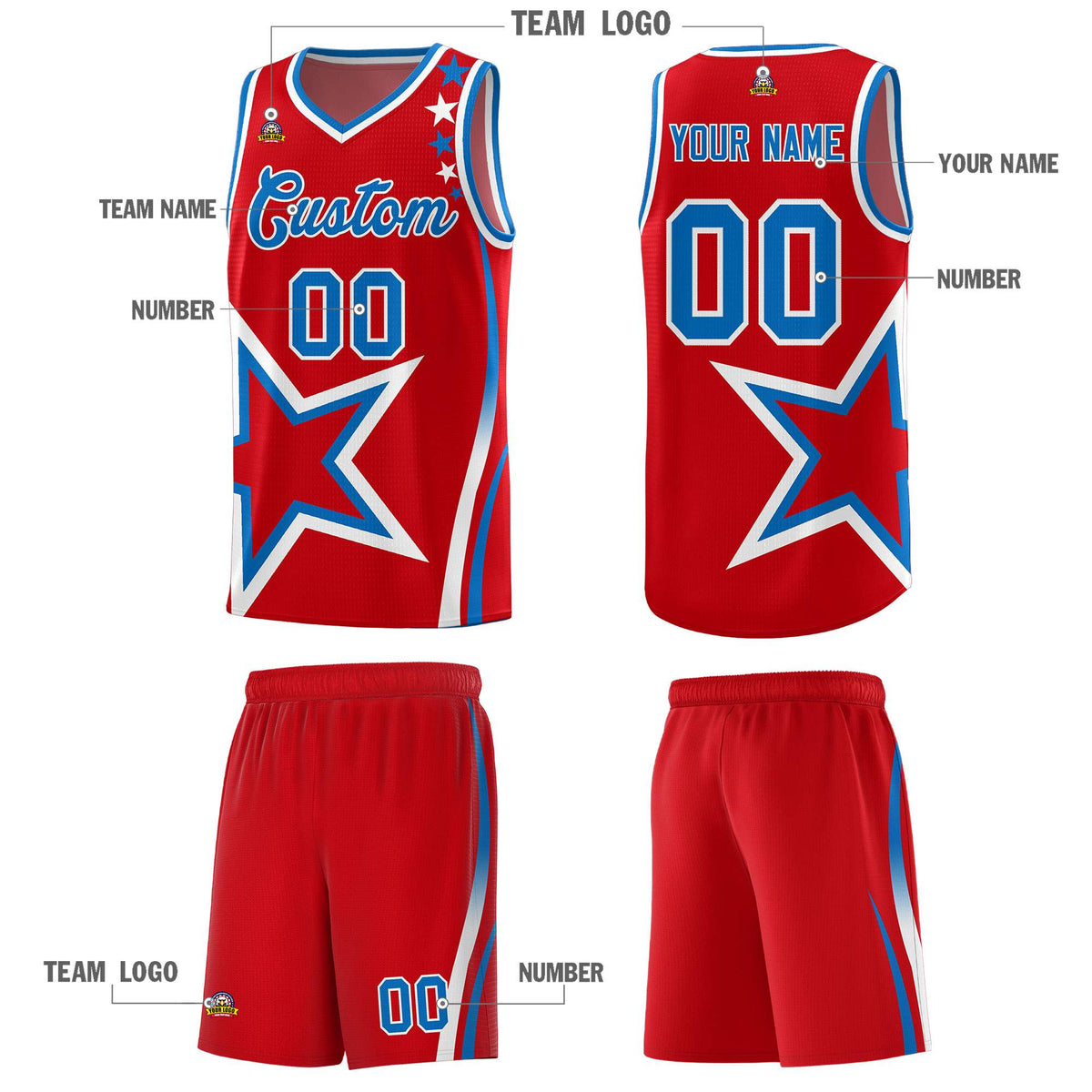 Custom Red Shoulder Stars Graffiti Pattern Sets Basketball Jersey