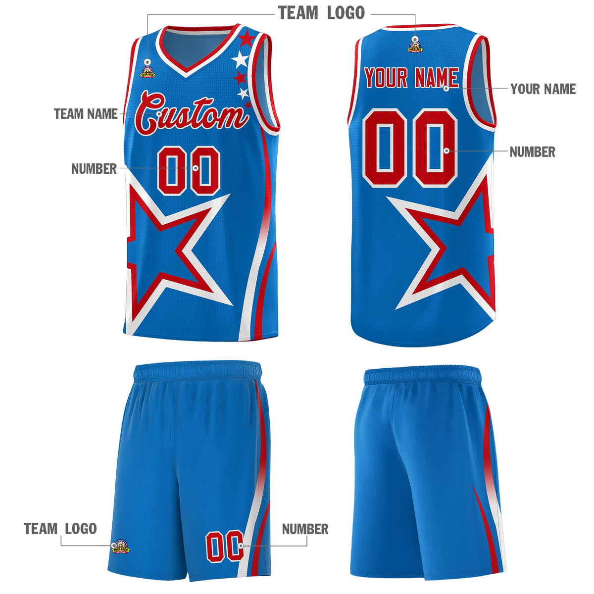 Custom Blue Shoulder Stars Graffiti Pattern Sets Basketball Jersey