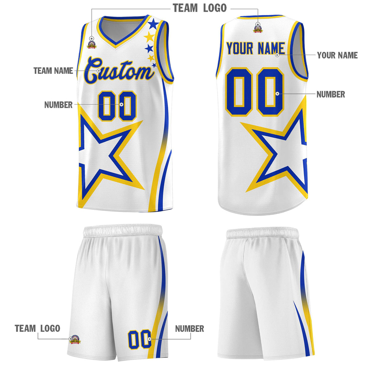 Custom White Shoulder Stars Graffiti Pattern Sets Basketball Jersey