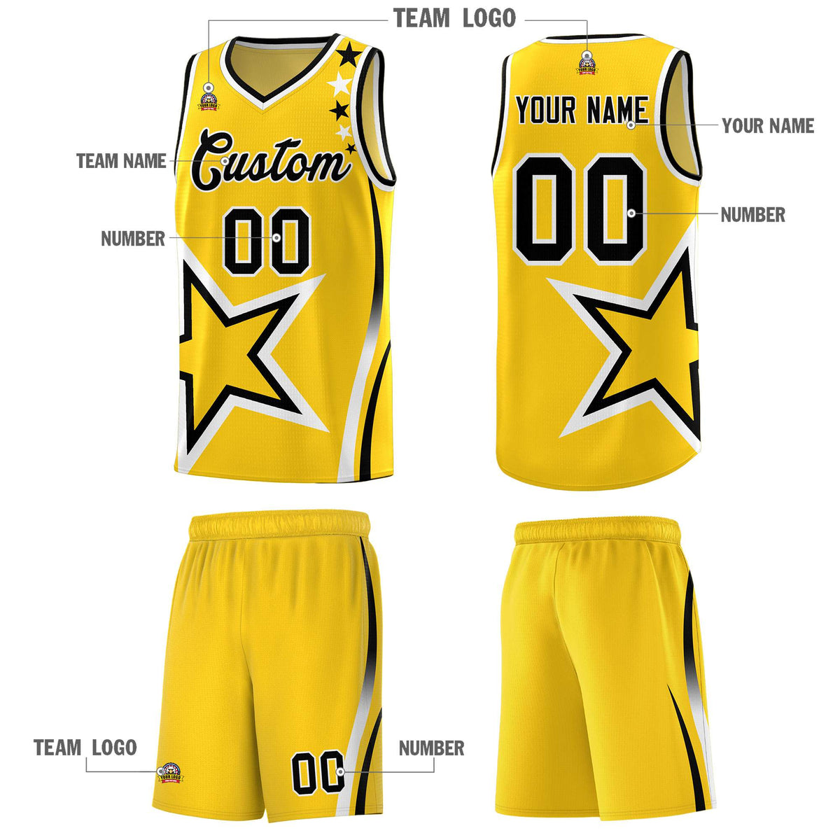 Custom Gold Shoulder Stars Graffiti Pattern Sets Basketball Jersey