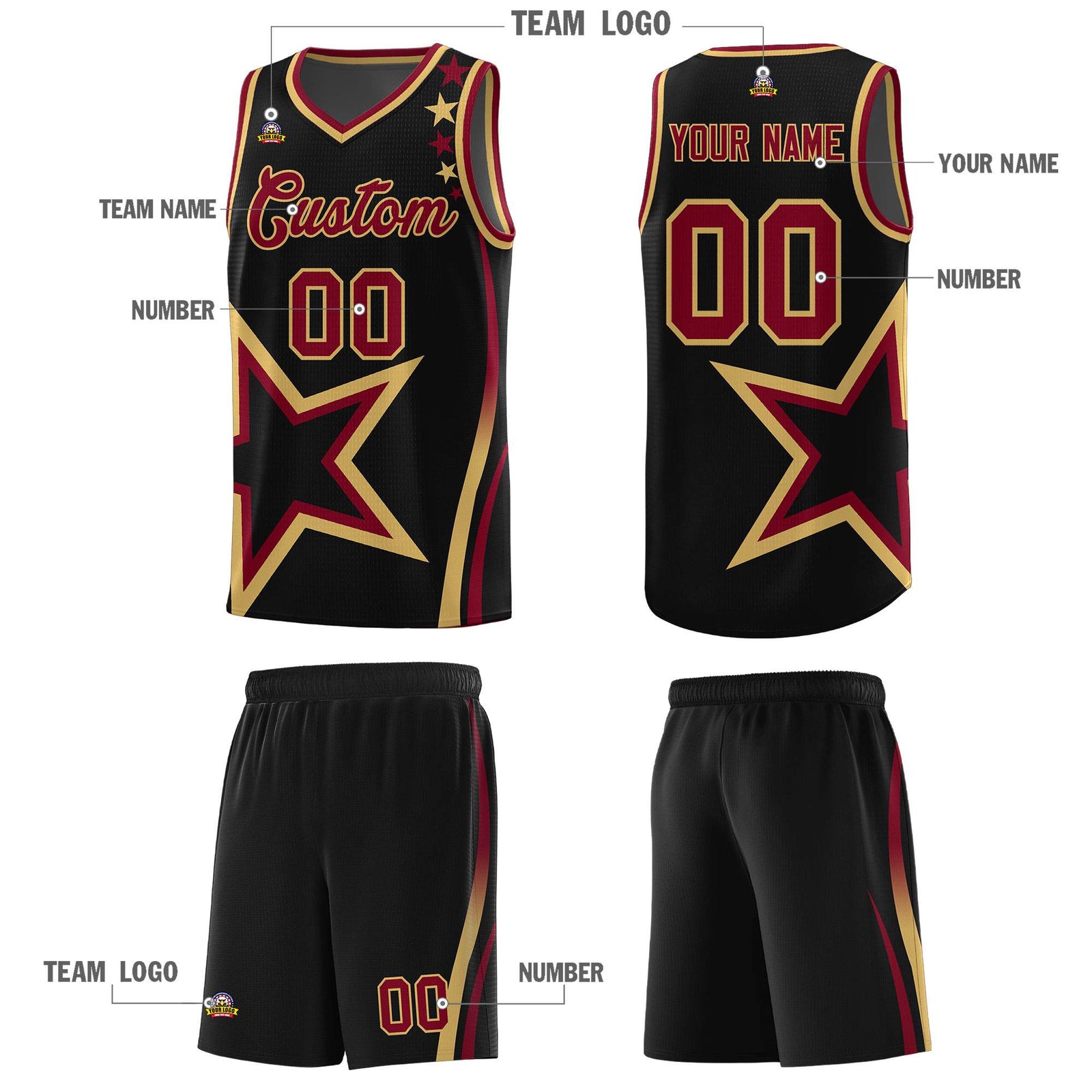 Custom Black Shoulder Stars Graffiti Pattern Sets Basketball Jersey