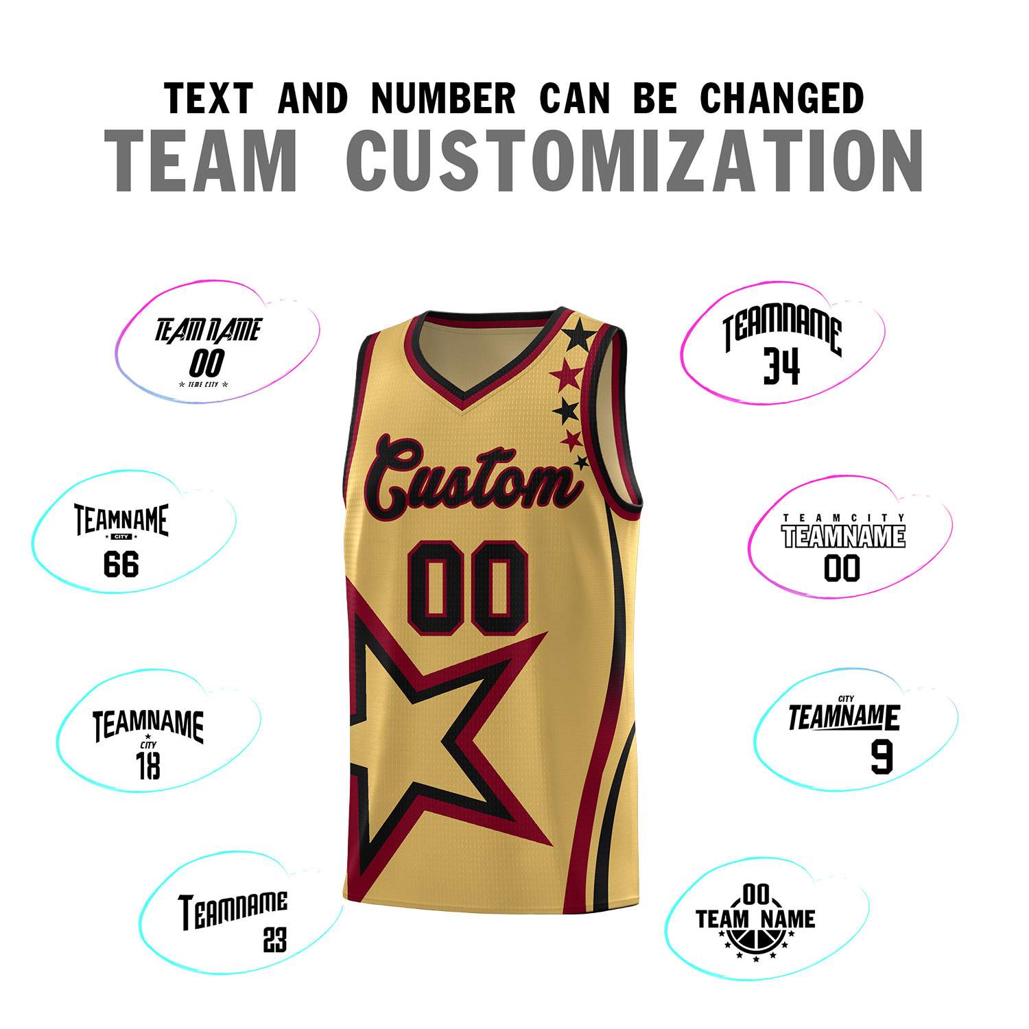 Custom Old Gold Shoulder Stars Graffiti Pattern Sets Basketball Jersey