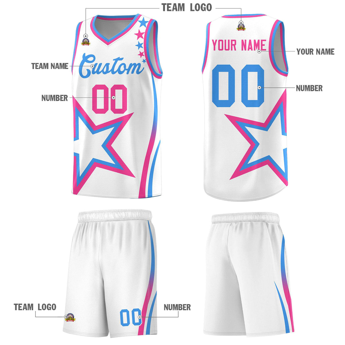 Custom White Shoulder Stars Graffiti Pattern Sets Basketball Jersey