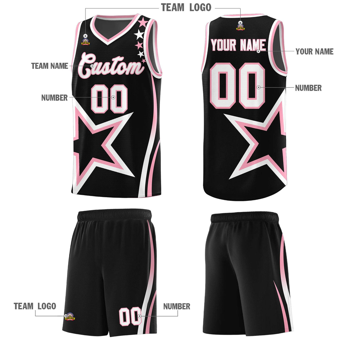 Custom Black Shoulder Stars Graffiti Pattern Sets Basketball Jersey