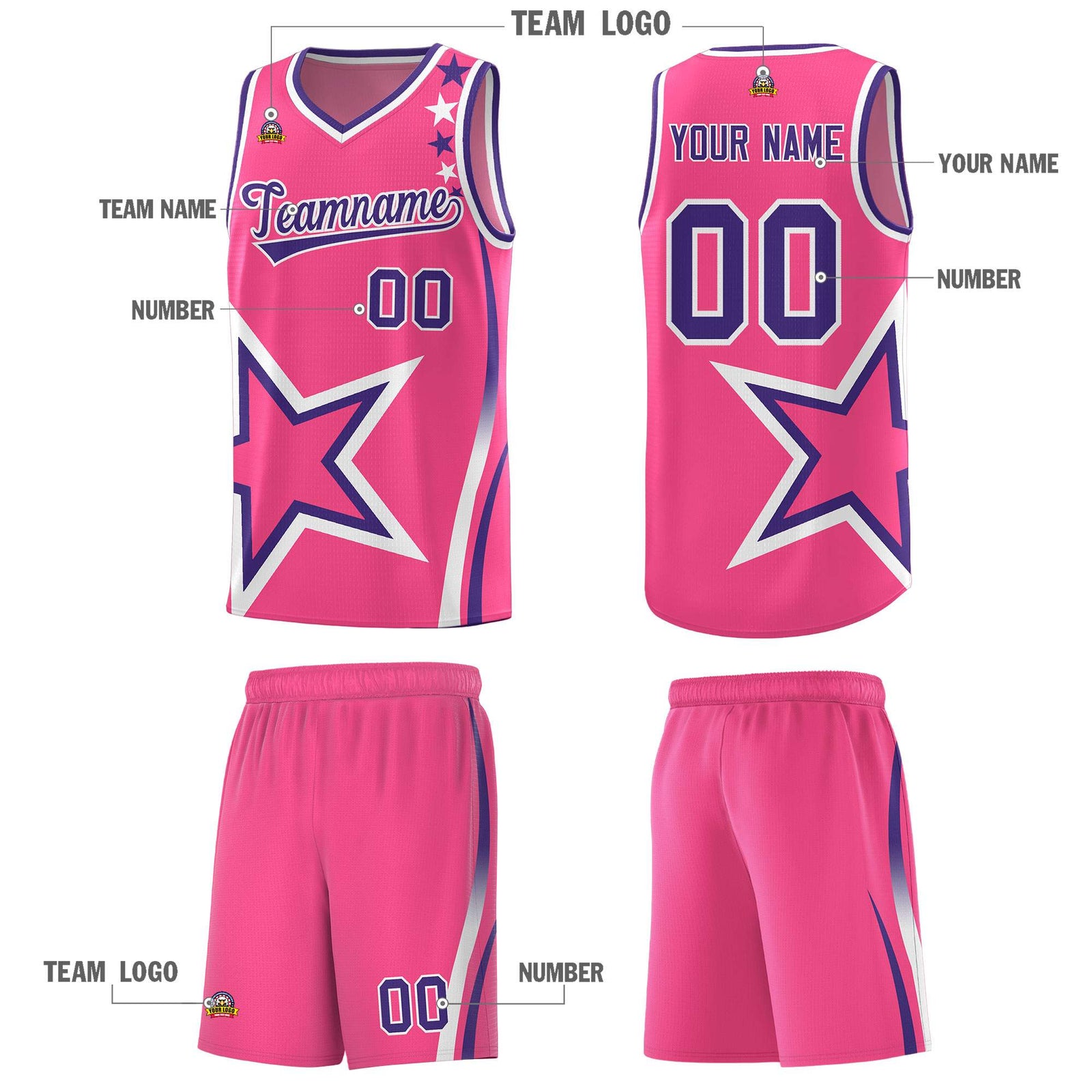 Custom Pink Shoulder Stars Graffiti Pattern Sets Basketball Jersey