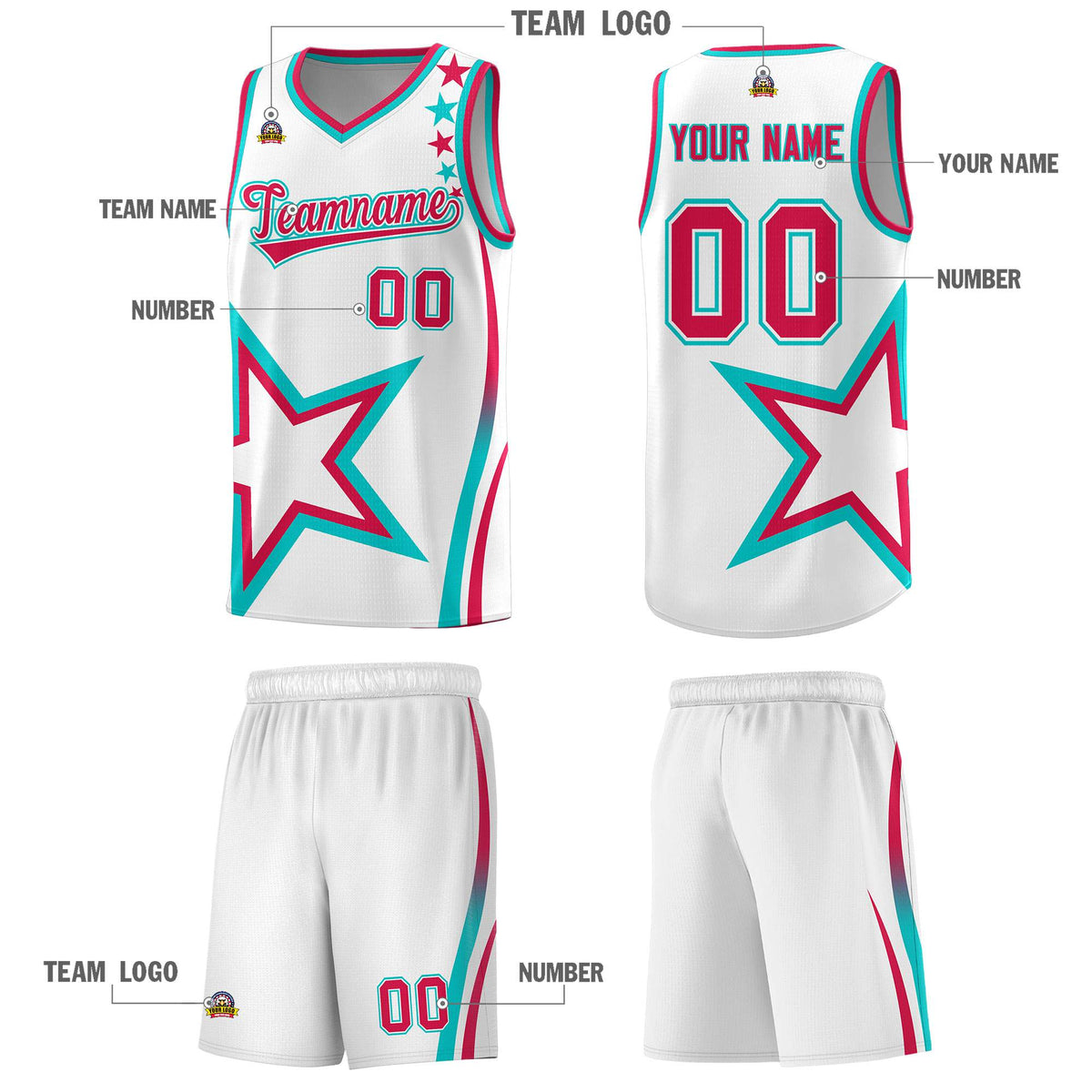 Custom White Shoulder Stars Graffiti Pattern Sets Basketball Jersey