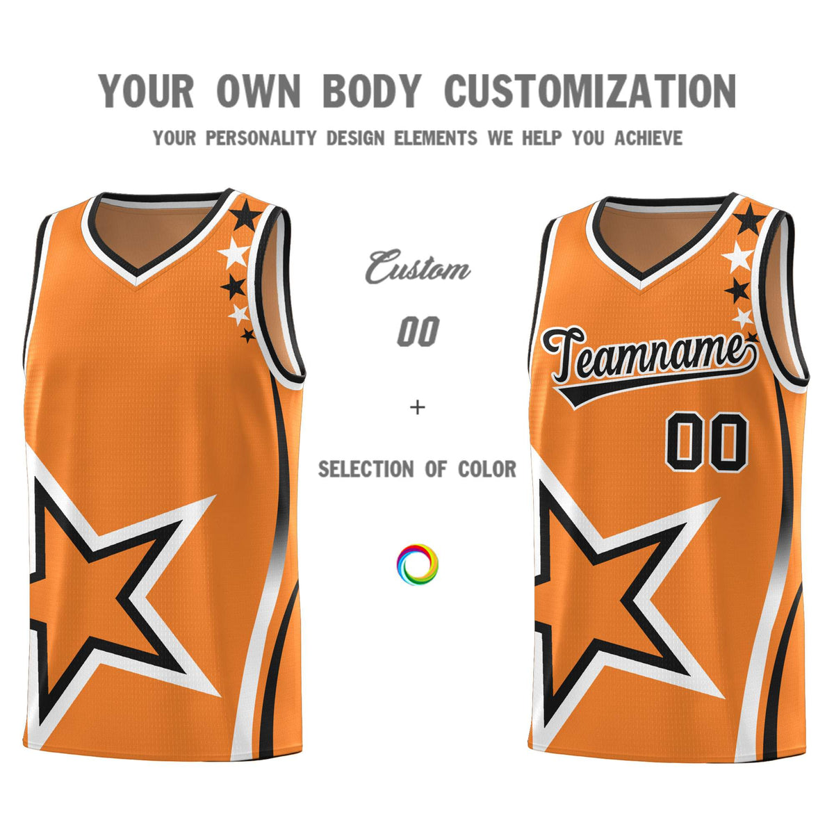 Custom Gold Orange Shoulder Stars Graffiti Pattern Sets Basketball Jersey