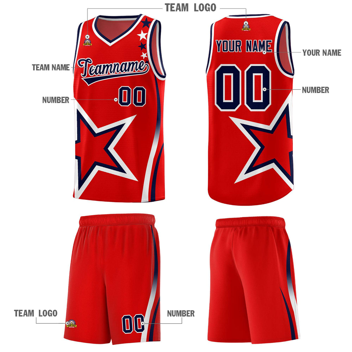 Custom Red Shoulder Stars Graffiti Pattern Sets Basketball Jersey