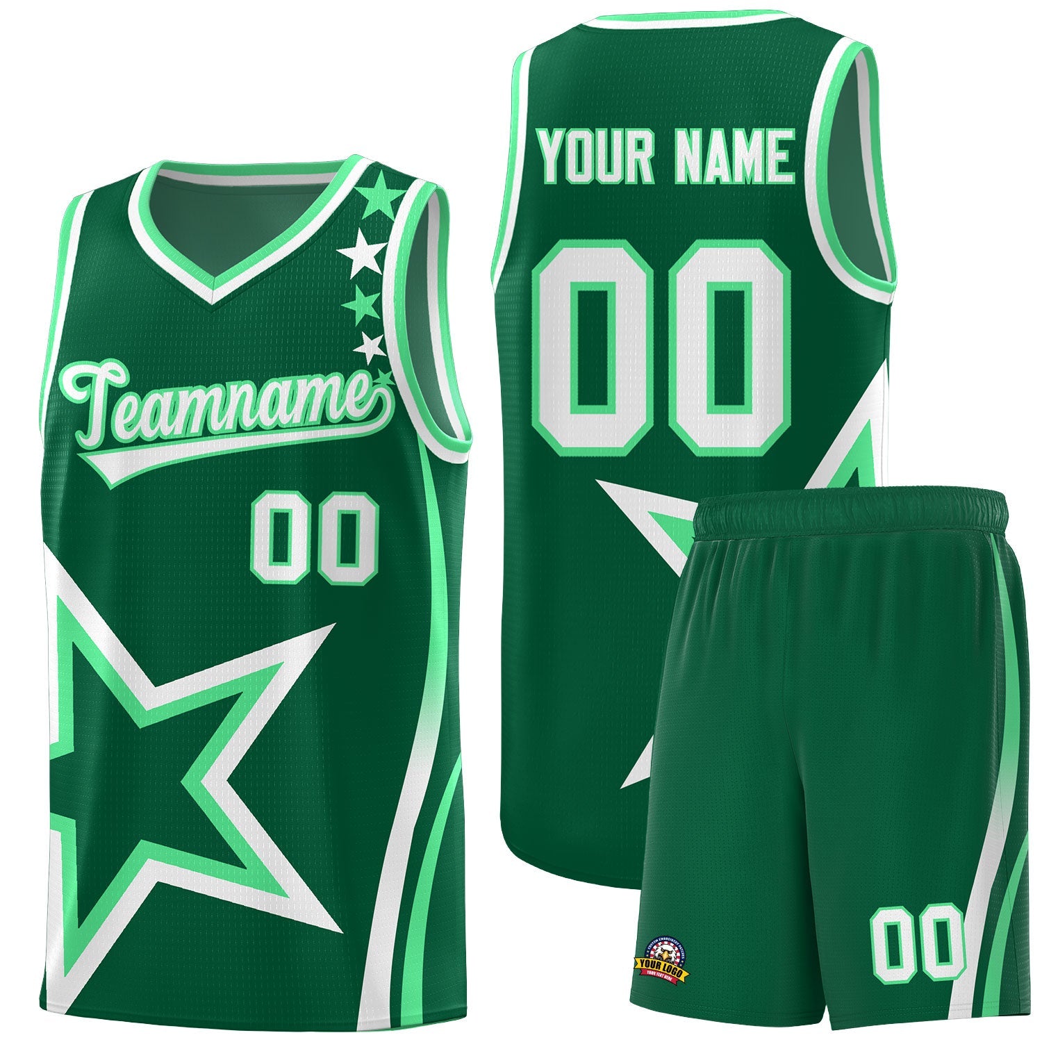 Custom Green Shoulder Stars Graffiti Pattern Sets Basketball Jersey