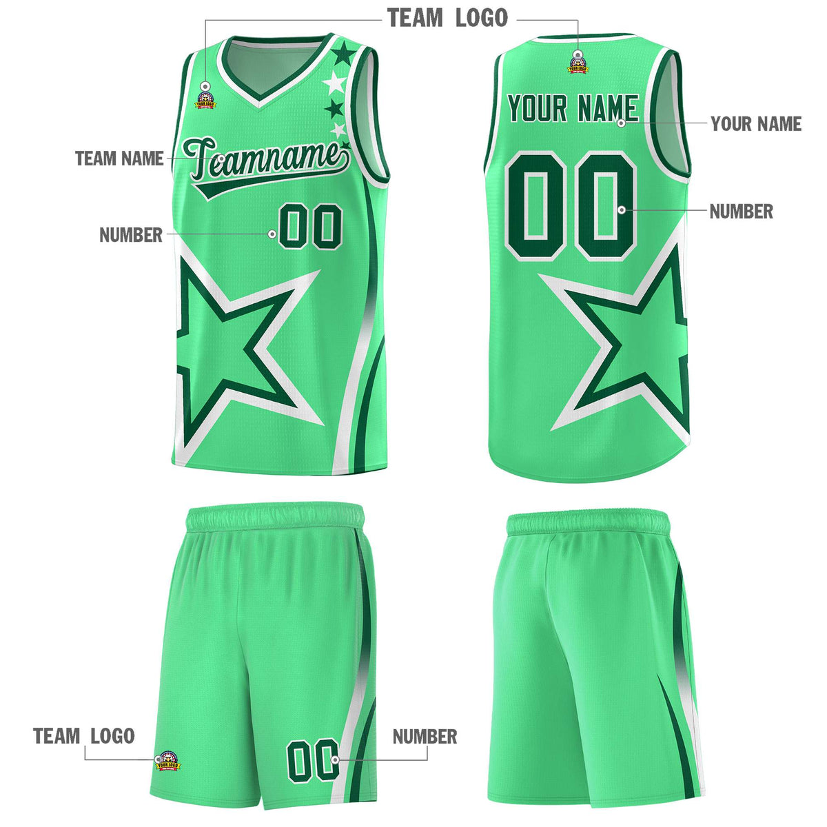Custom Green Shoulder Stars Graffiti Pattern Sets Basketball Jersey