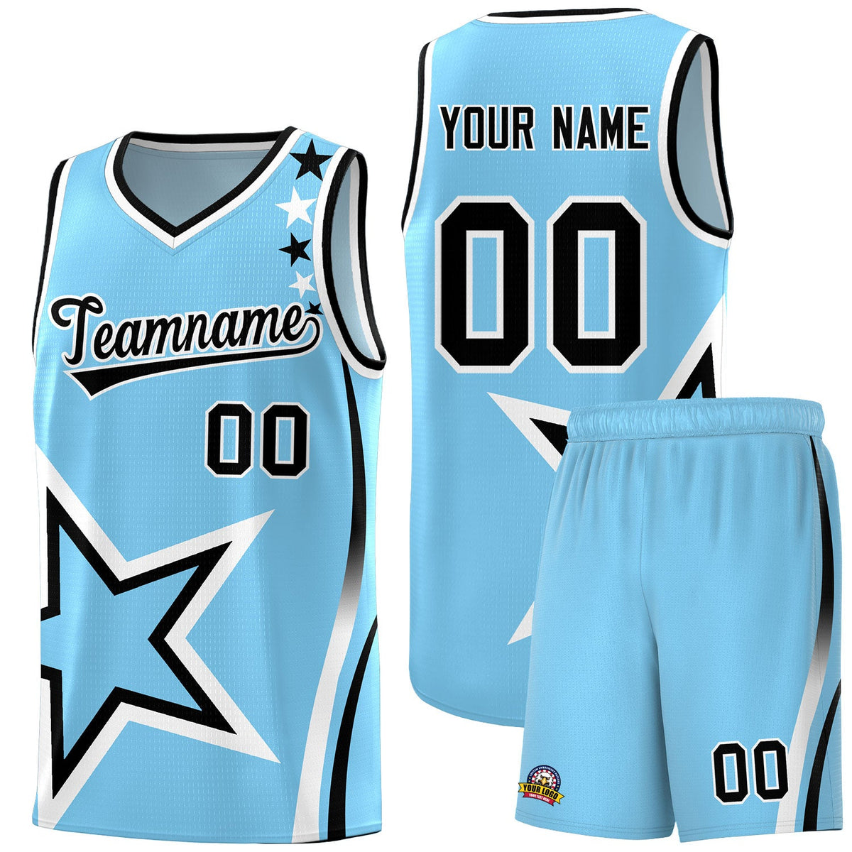 Custom Light Blue Shoulder Stars Graffiti Pattern Sets Basketball Jersey