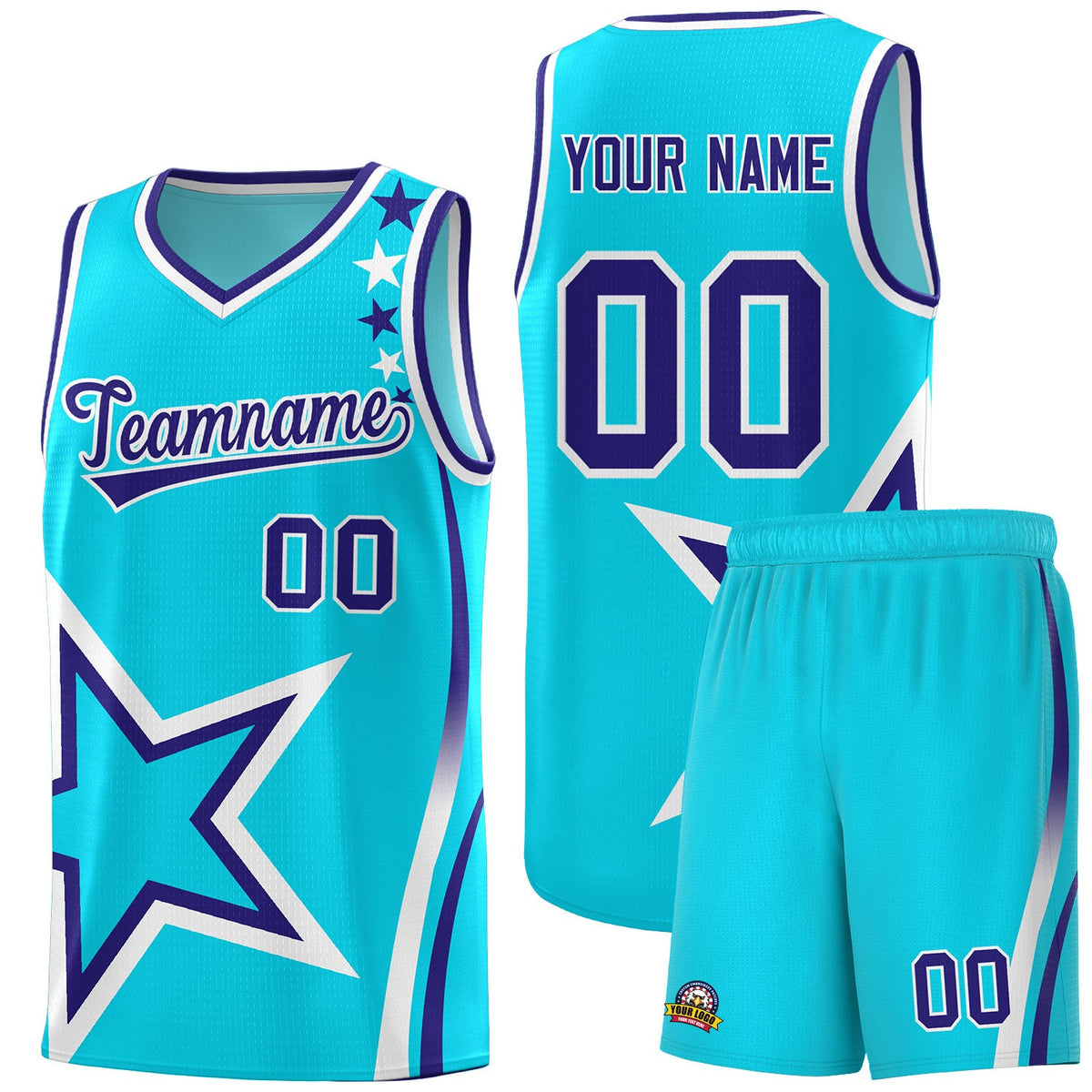 Custom Sky Blue Shoulder Stars Graffiti Pattern Sets Basketball Jersey