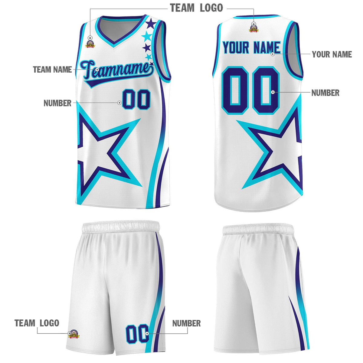 Custom White Shoulder Stars Graffiti Pattern Sets Basketball Jersey