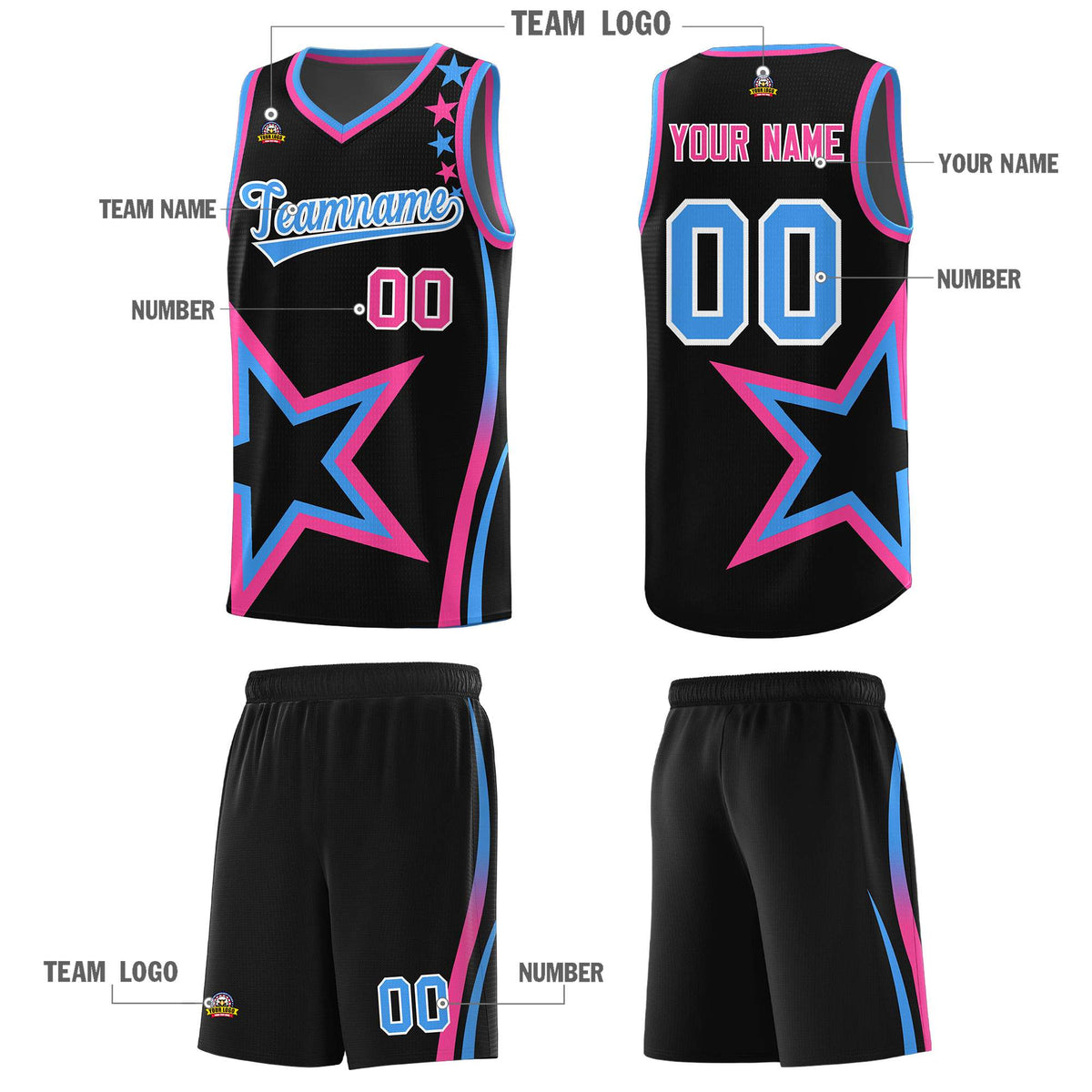 Custom Black Shoulder Stars Graffiti Pattern Sets Basketball Jersey
