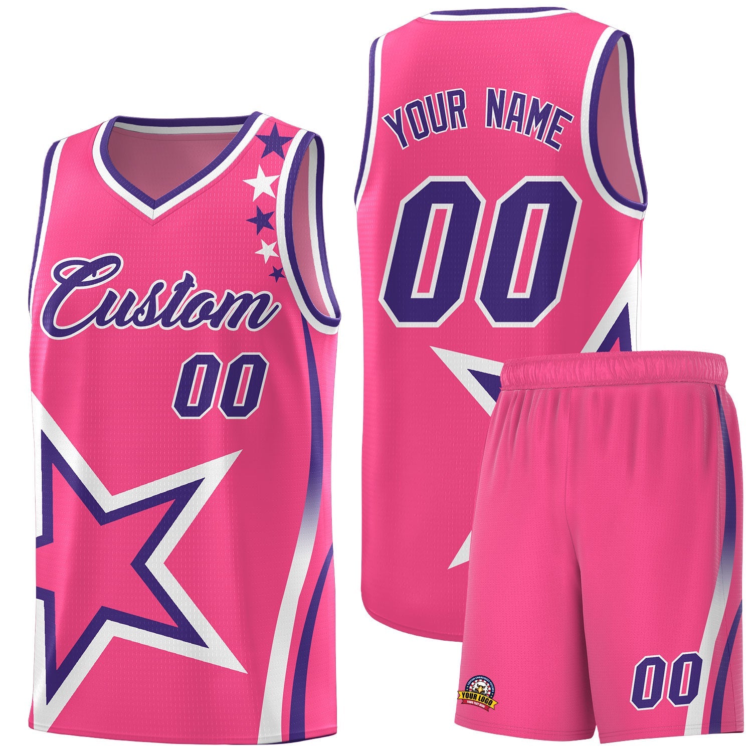 Custom Pink Shoulder Stars Graffiti Pattern Sets Basketball Jersey