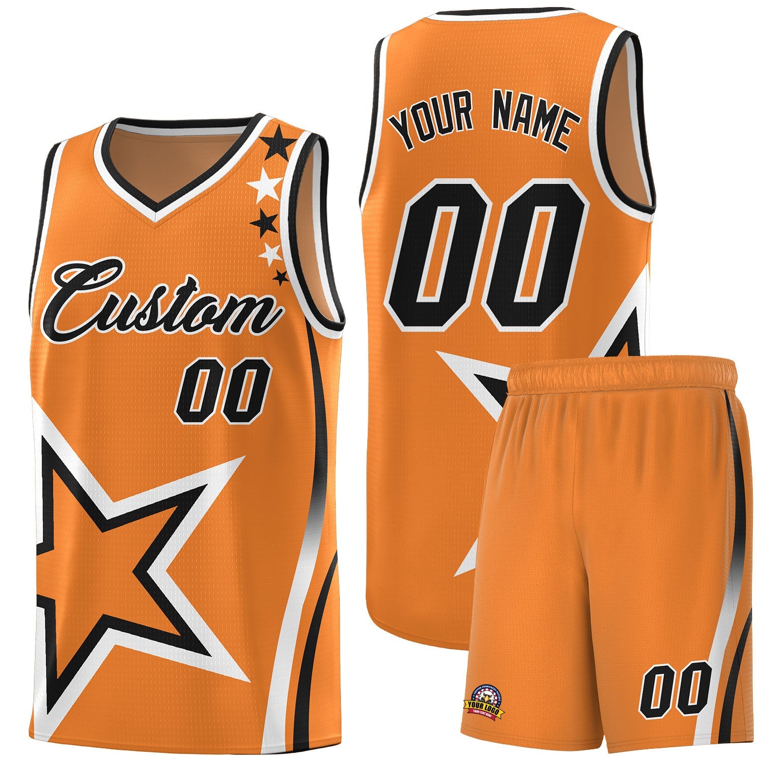 Custom Gold Orange Shoulder Stars Graffiti Pattern Sets Basketball Jersey