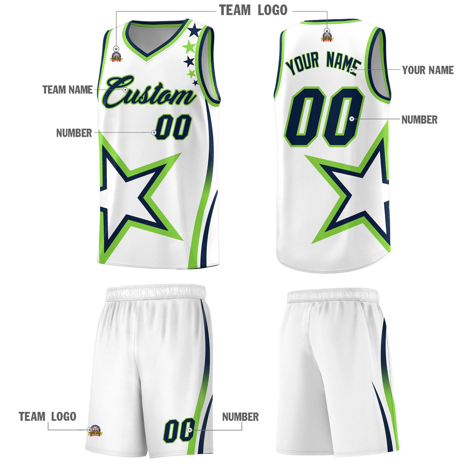 Custom White Shoulder Stars Graffiti Pattern Sets Basketball Jersey