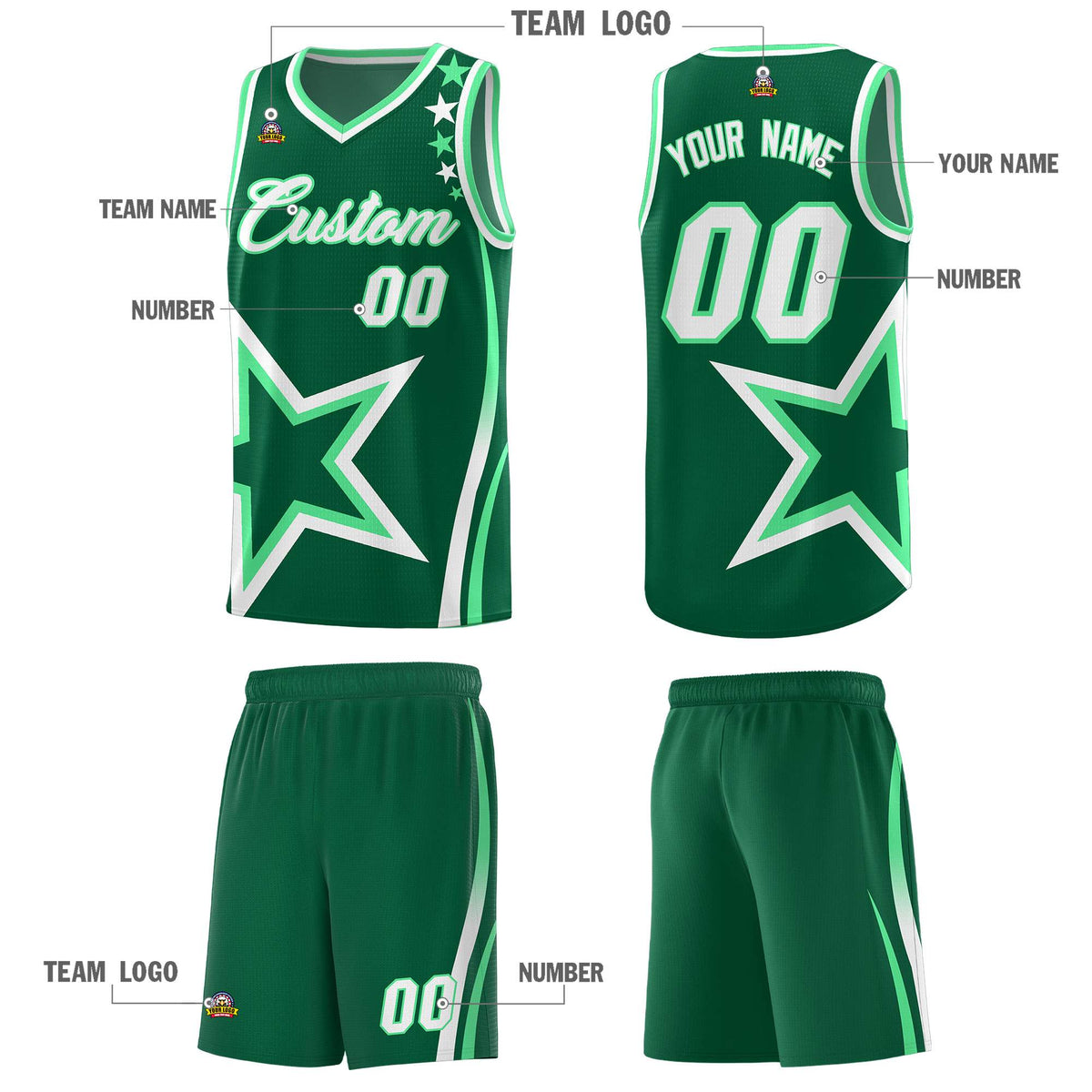 Custom Green Shoulder Stars Graffiti Pattern Sets Basketball Jersey