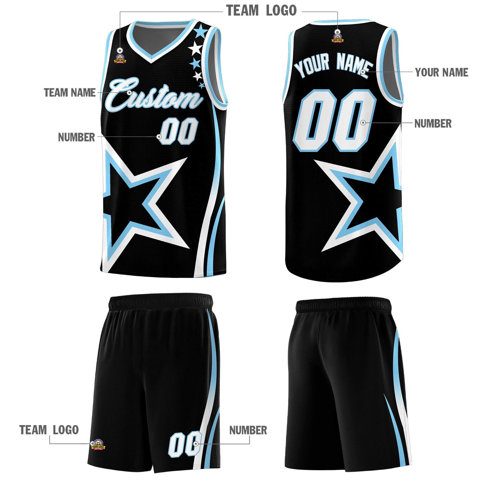 Custom Black Shoulder Stars Graffiti Pattern Sets Basketball Jersey
