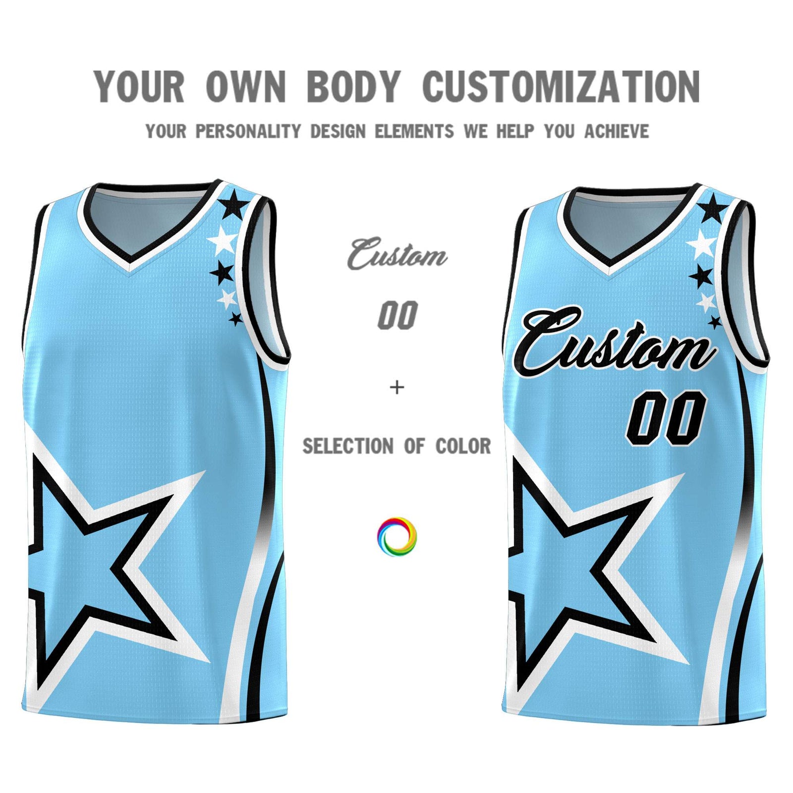 Custom Light Blue Shoulder Stars Graffiti Pattern Sets Basketball Jersey