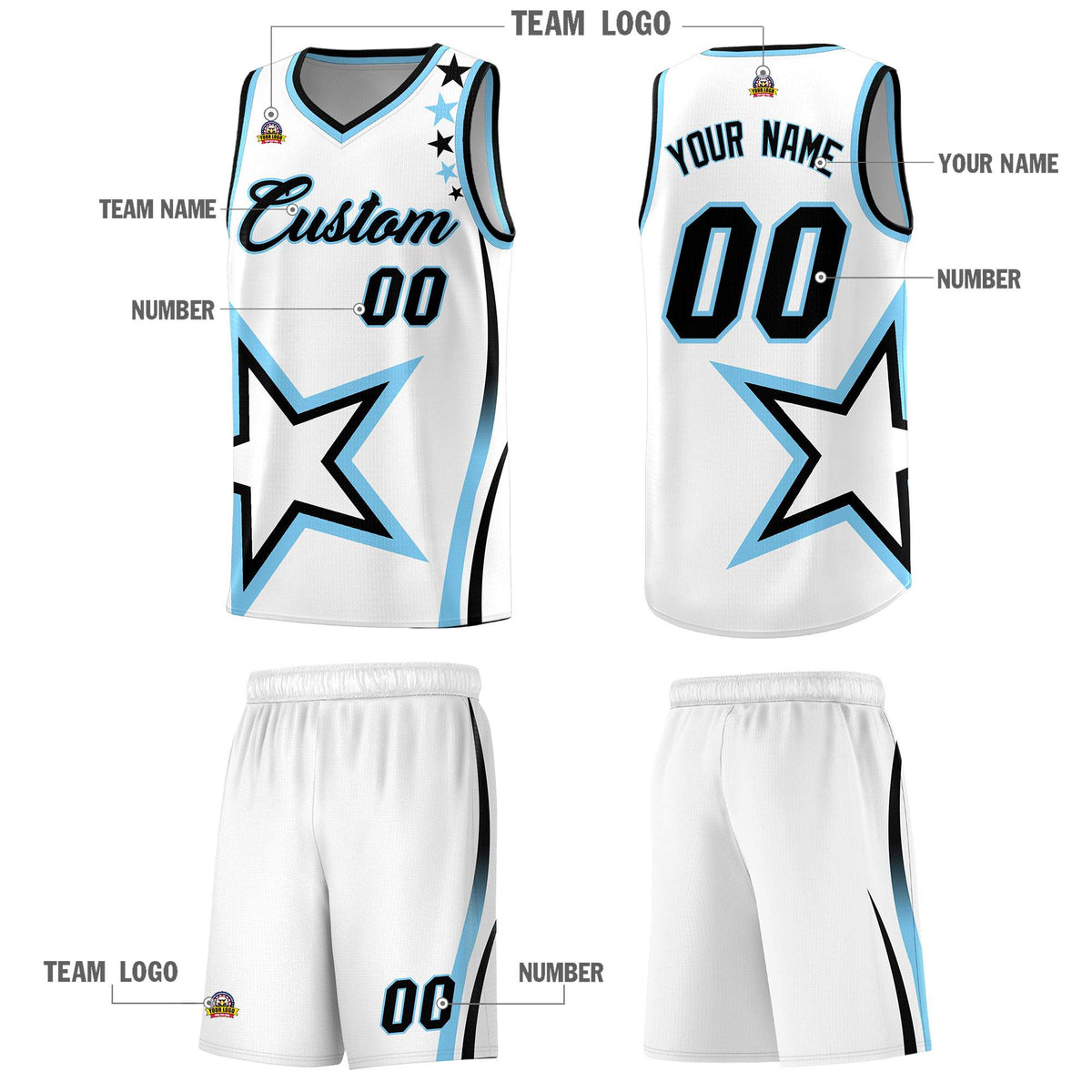 Custom White Shoulder Stars Graffiti Pattern Sets Basketball Jersey