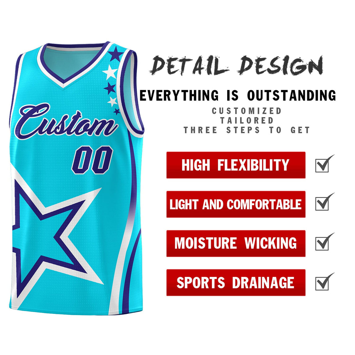 Custom Sky Blue Shoulder Stars Graffiti Pattern Sets Basketball Jersey