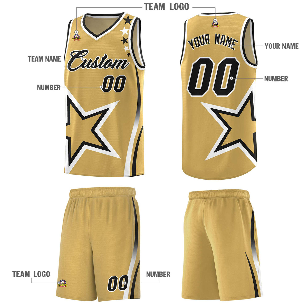 Custom Old Gold Shoulder Stars Graffiti Pattern Sets Basketball Jersey