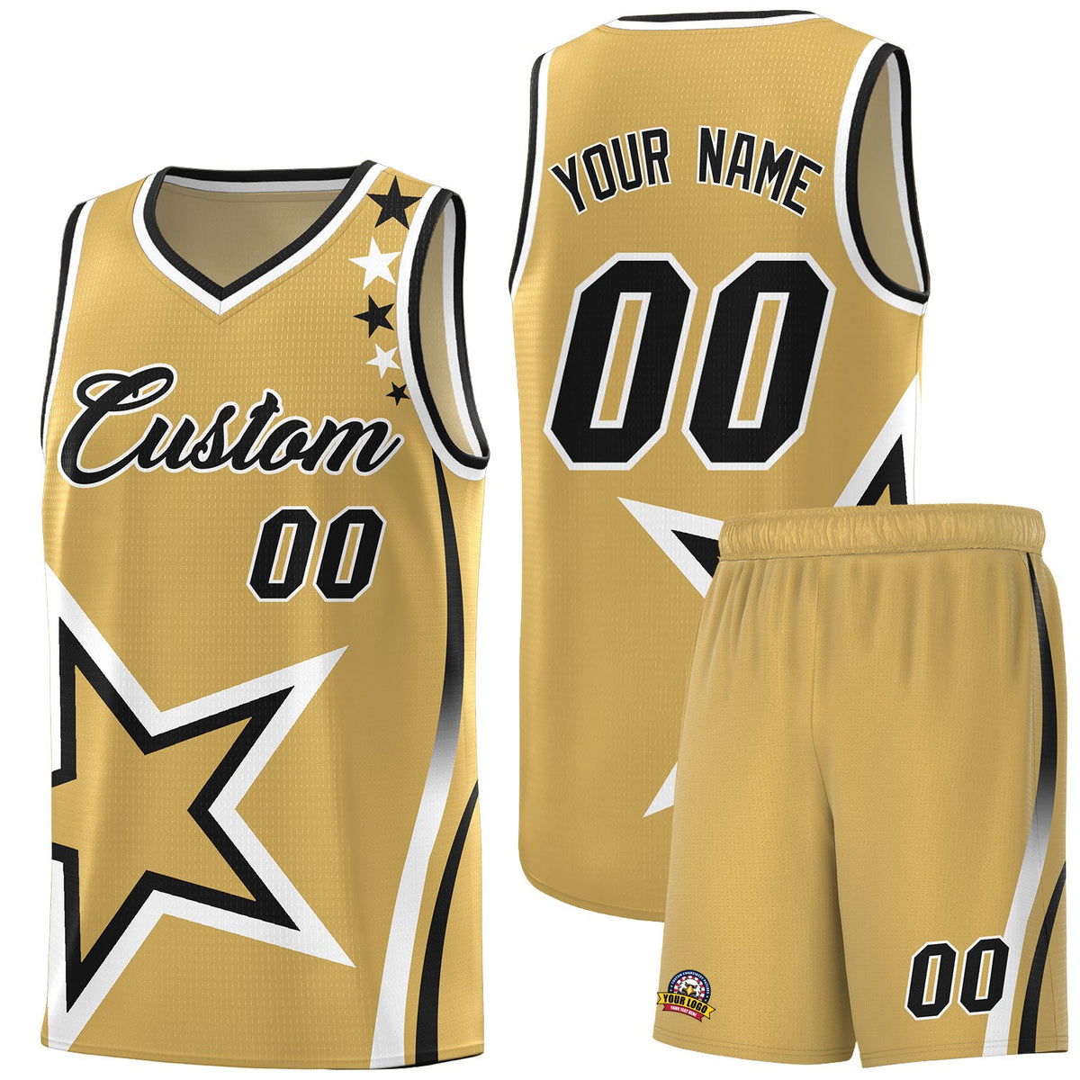 Custom Old Gold Shoulder Stars Graffiti Pattern Sets Basketball Jersey