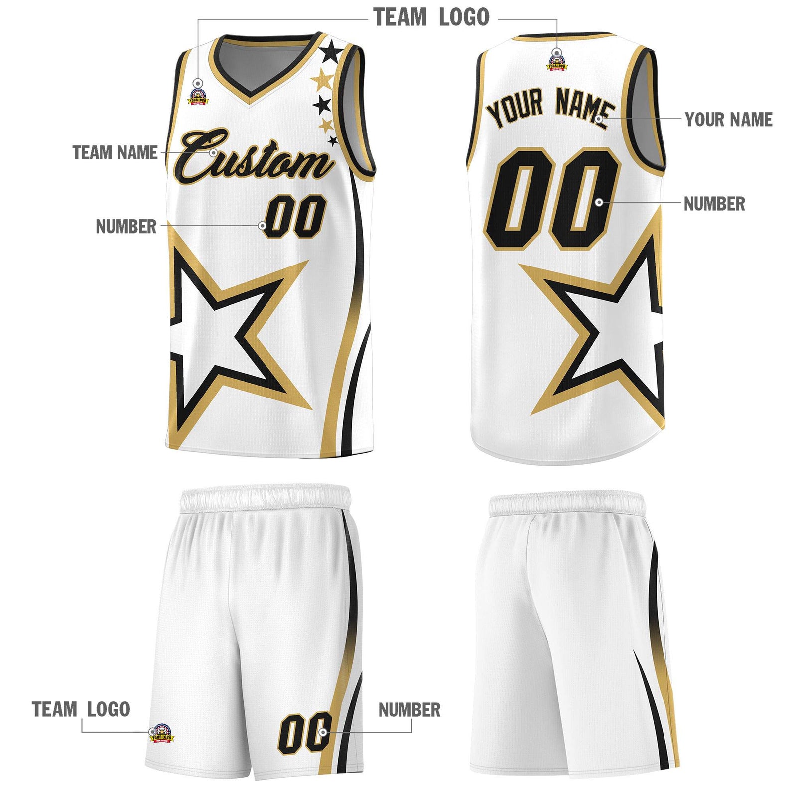 Custom White Shoulder Stars Graffiti Pattern Sets Basketball Jersey