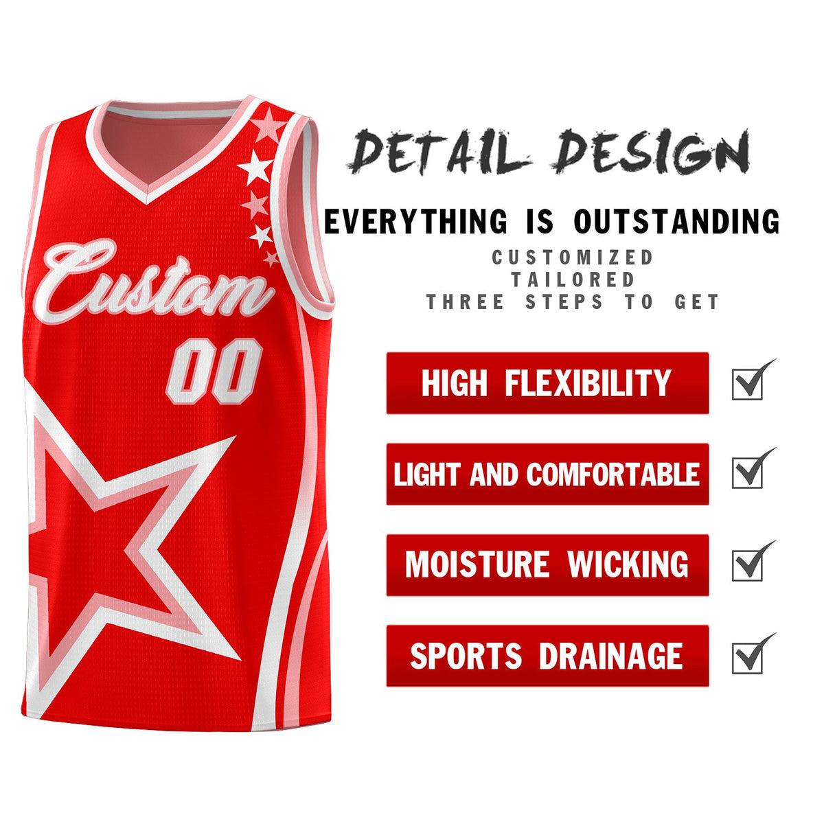 Custom Red Shoulder Stars Graffiti Pattern Sets Basketball Jersey