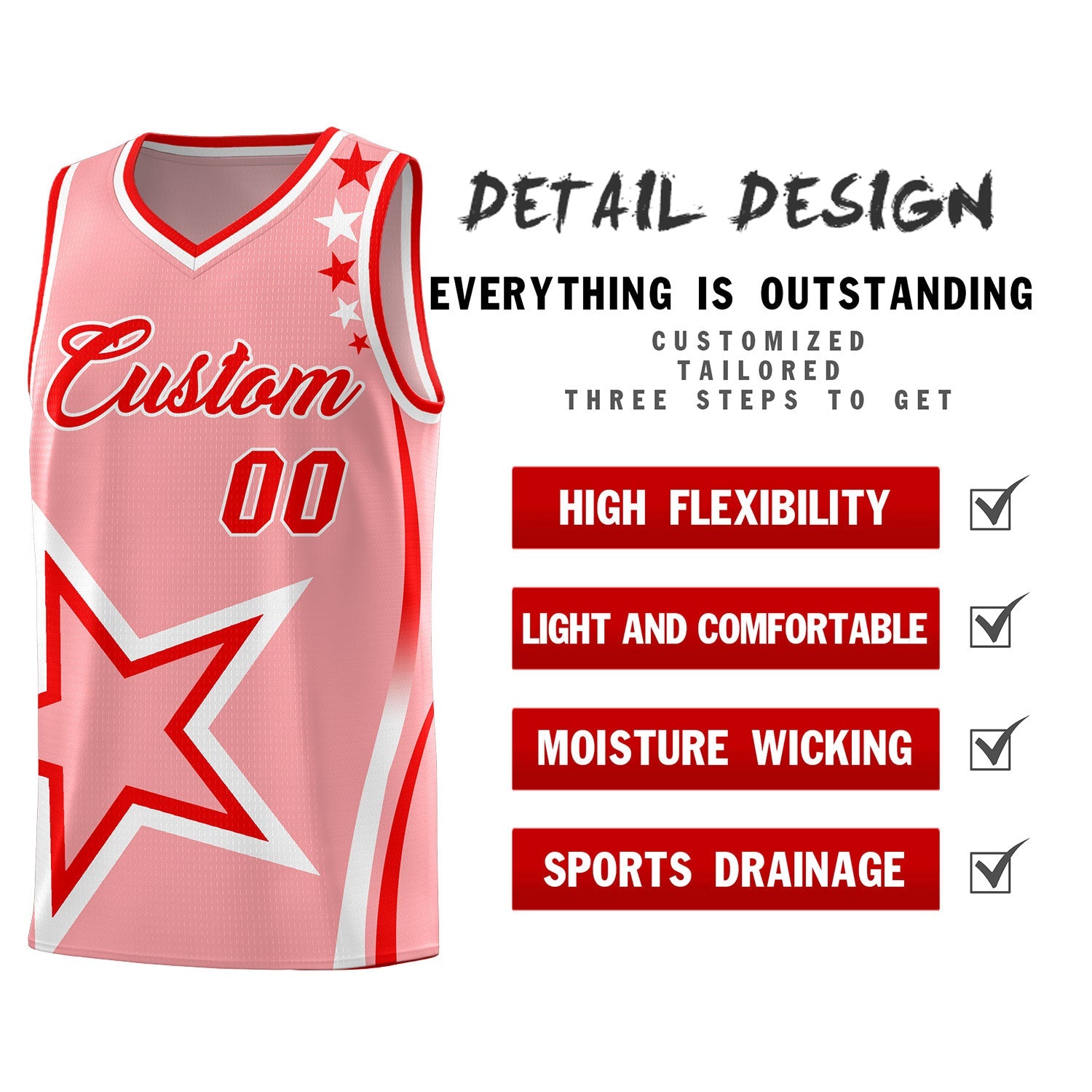 Custom Light Pink Shoulder Stars Graffiti Pattern Sets Basketball Jersey